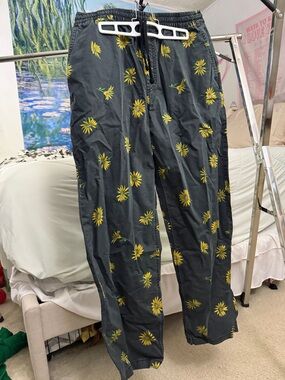 Black Sunflower Print Drawstring Cargo Pants
